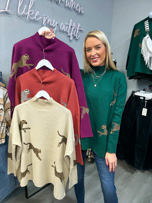 Cheetah Mock Neck Sweater - Various Colors and Plus!