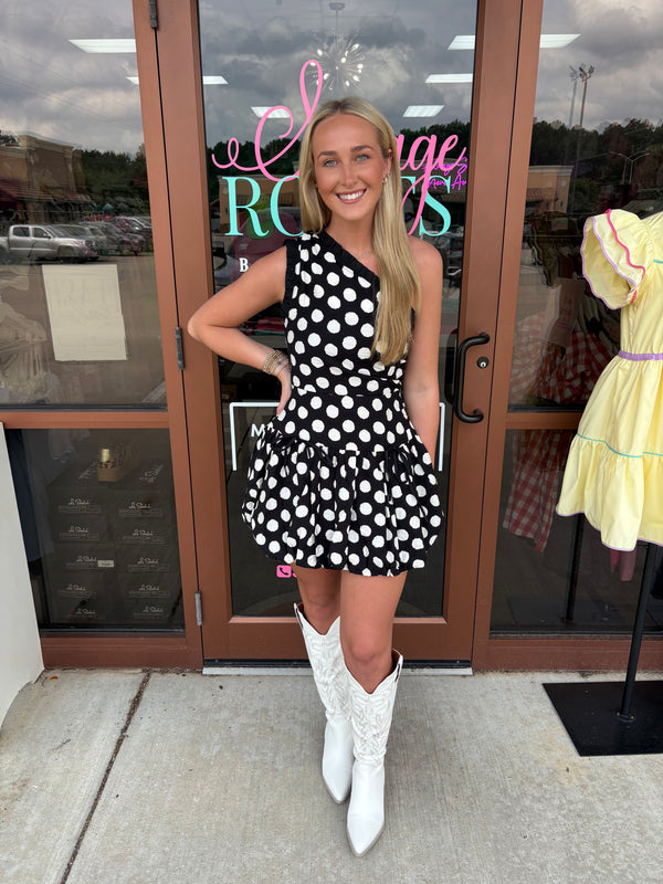 One Shoulder Polka Dot Mini Dress With Ruffle