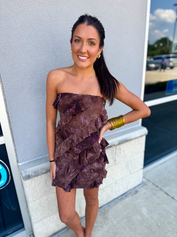 Brown Strapless Mini Ruffle Dress