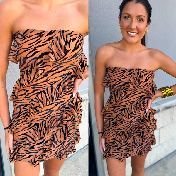 Wild One Tiger Print Strapless Mini Ruffle Dress