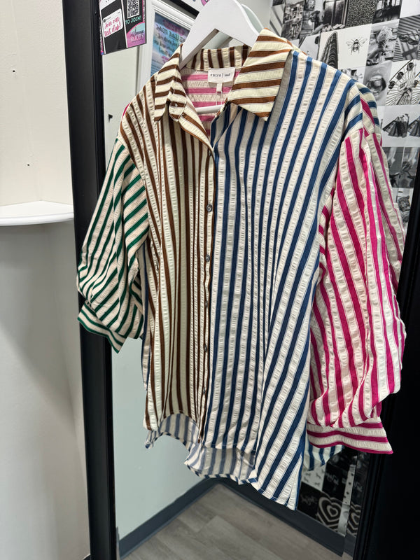 She's Unique Striped Color Block Button Up