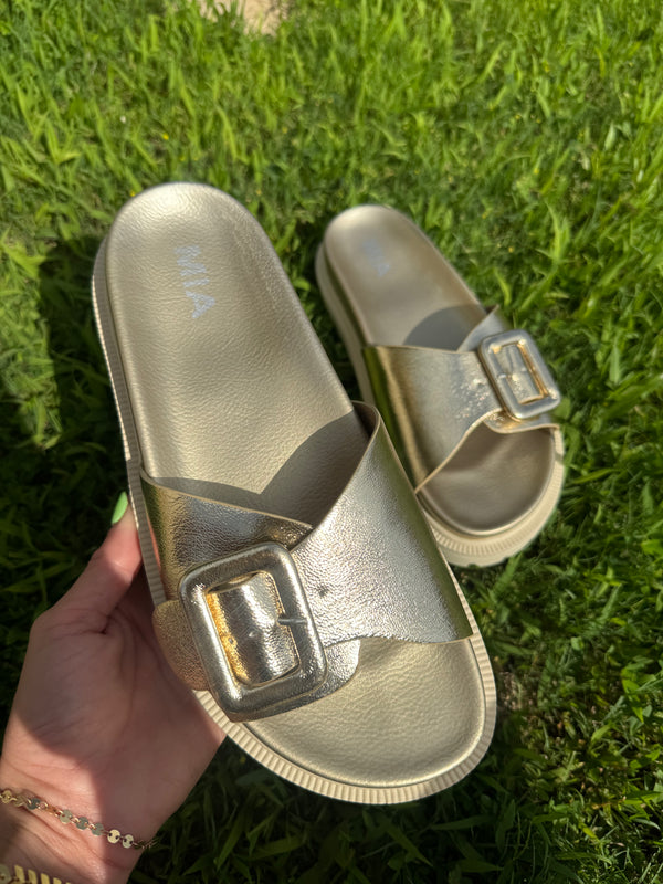 Single Strap Gold Slide Sandals | MIA