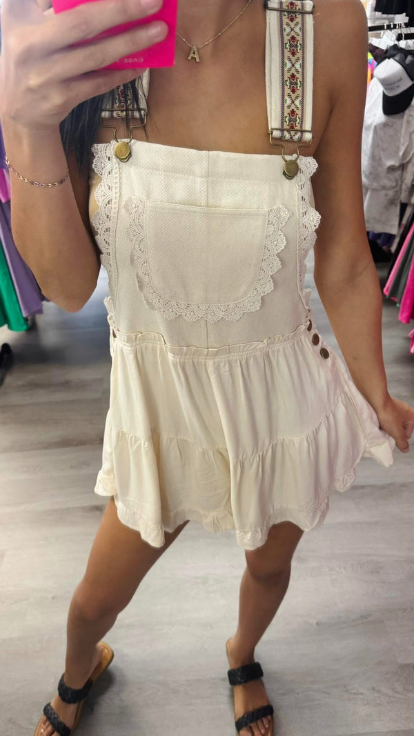 Lace Trim Overall Romper Cream