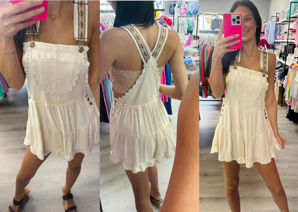 Lace Trim Overall Romper Cream