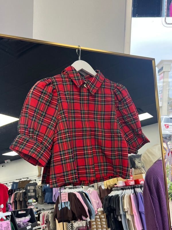 Red Plaid Button Up top with Puff Sleeves