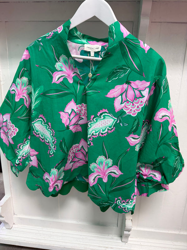 Emerald Bloom Scallop Blouse