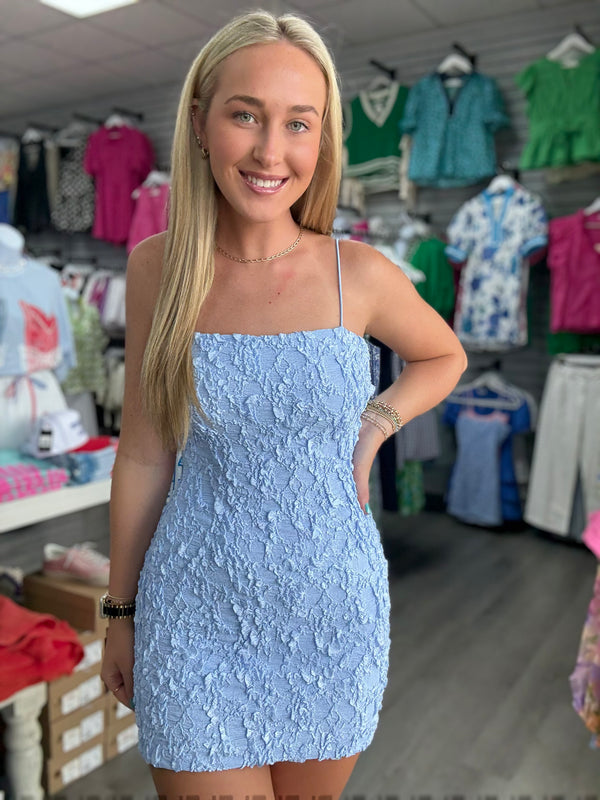 Blue Textured Woven Sleeveless Back Open Mini Dress