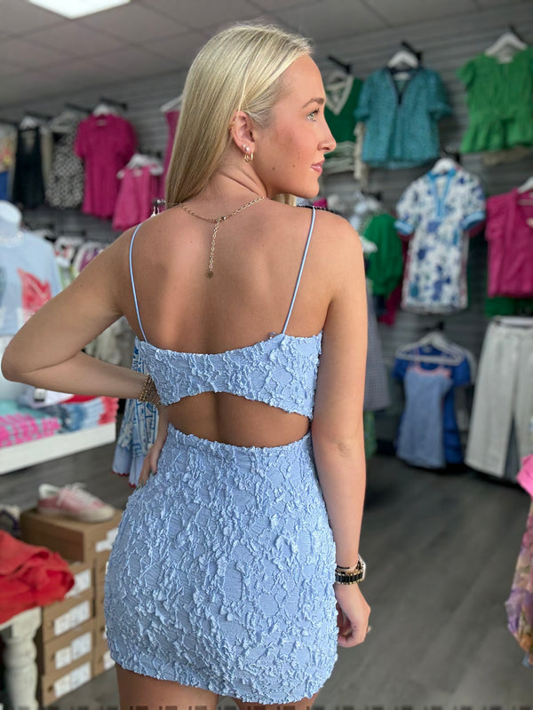 Blue Textured Woven Sleeveless Back Open Mini Dress