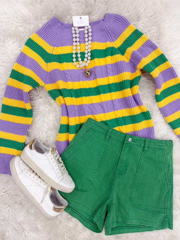 Mardi Gras Knitted Striped Crewneck Sweater