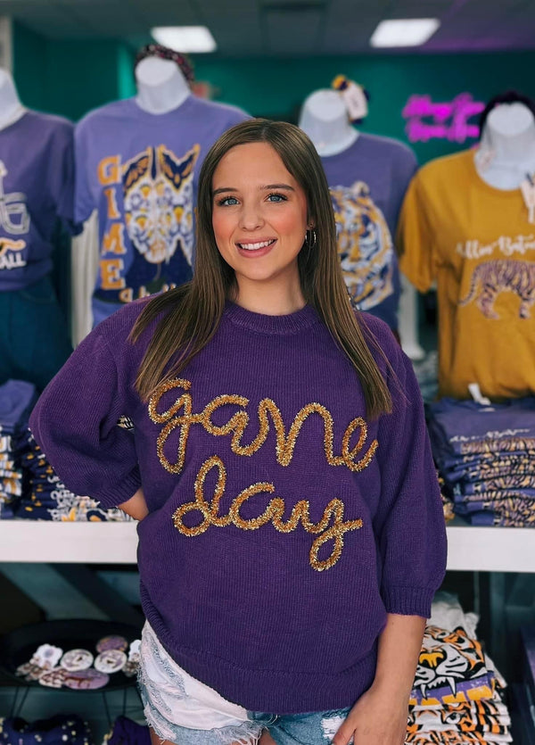 Game Day Bubble Sleeve Short Sweater Top - Purple Gold