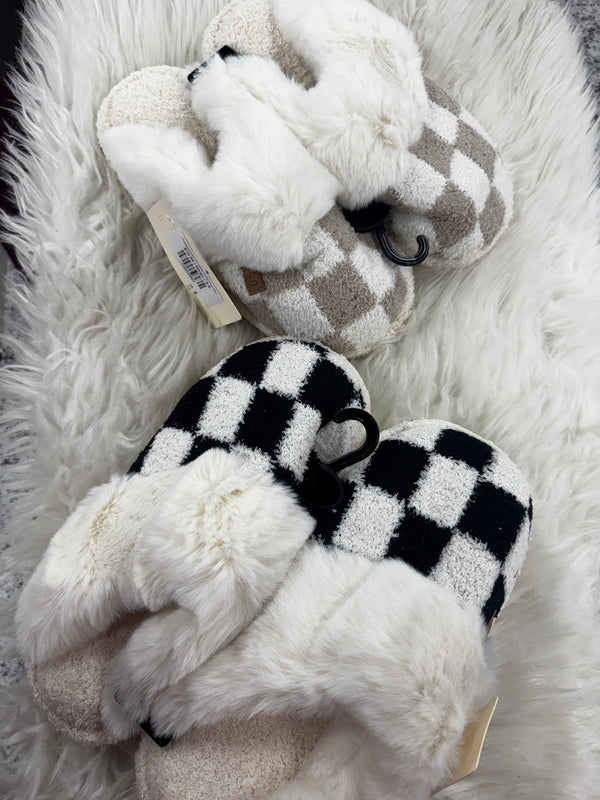 Checkered Faux Fur Home Indoor Floor Mule Slippers