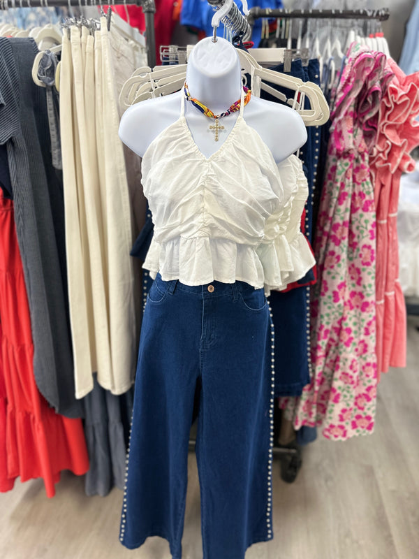 Halter V NECK Crop Top White