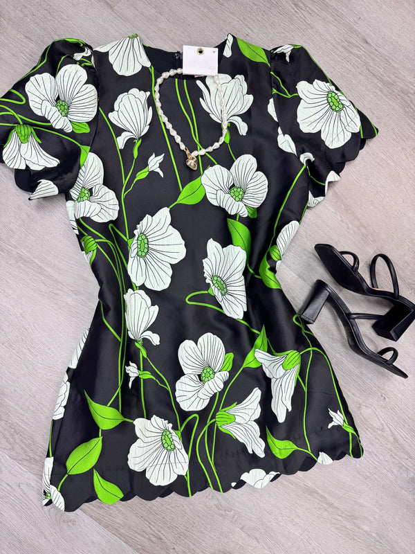 Black Floral Jacquard Scallop Hem Dress