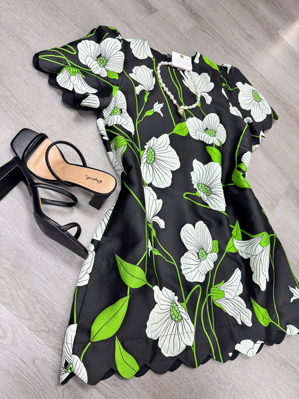 Black Floral Jacquard Scallop Hem Dress