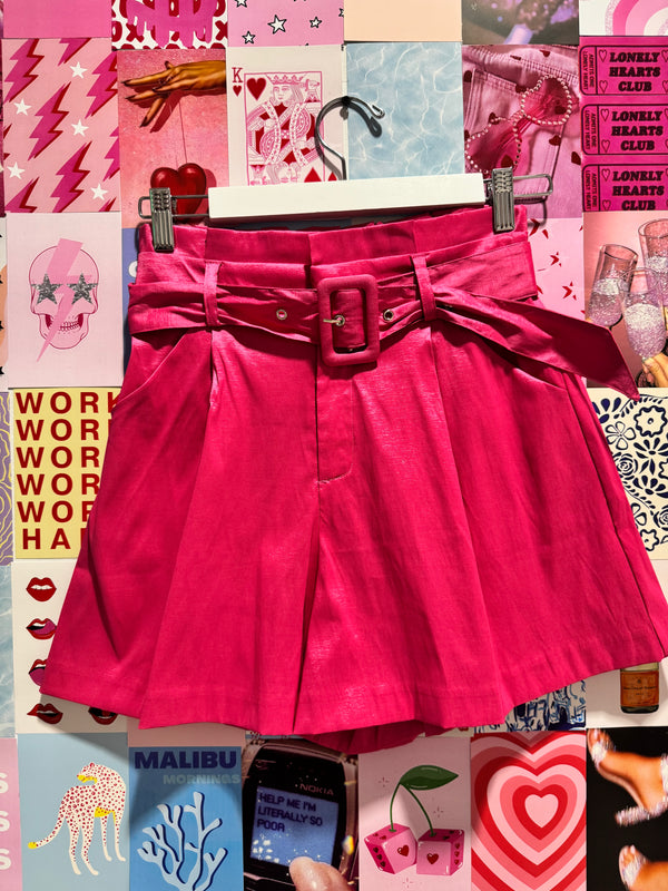 Stay With You Fuchsia Satin Belted Shorts