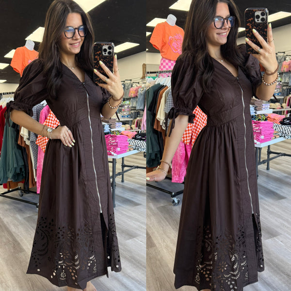 Nice to Meet You Chocolate Zip Midi Dress