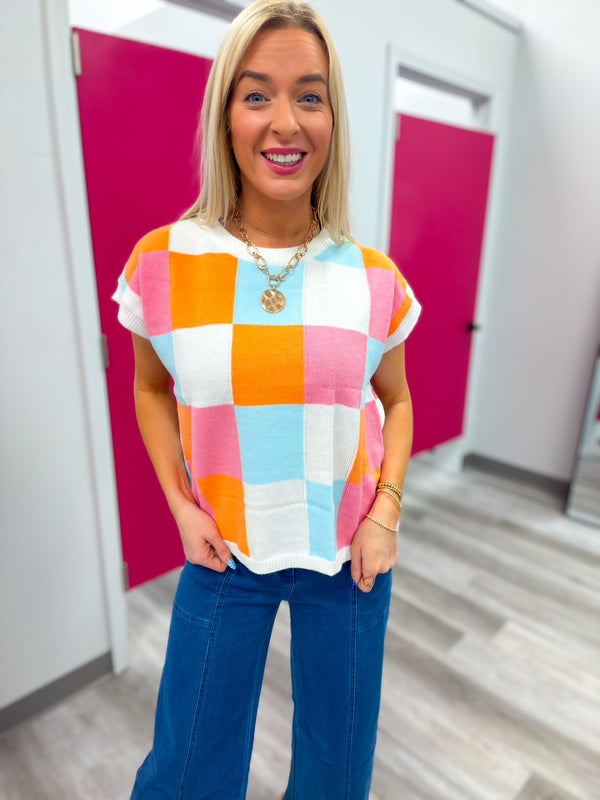 Color Me Happy Checkered Short Sleeve Sweater