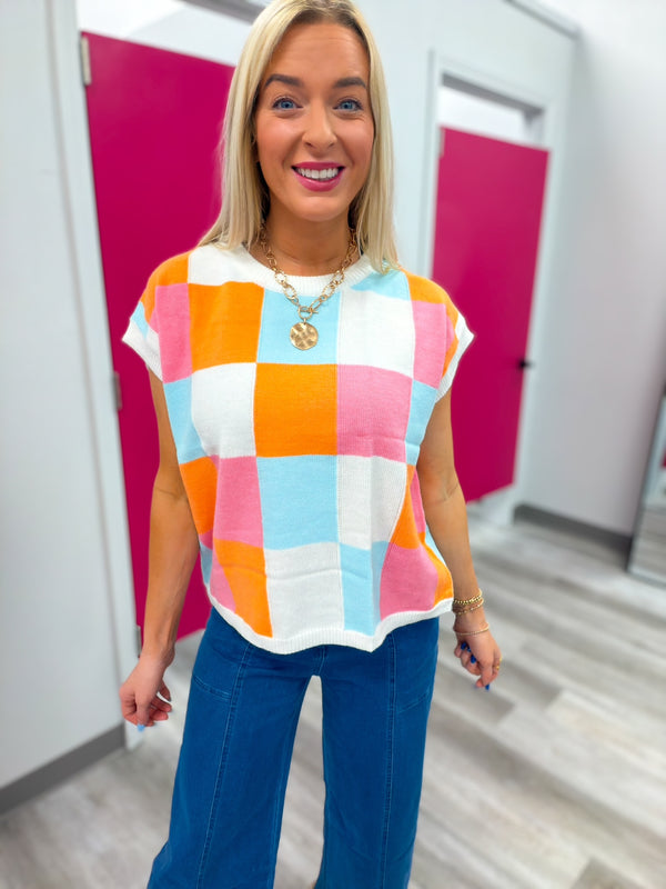 Color Me Happy Checkered Short Sleeve Sweater