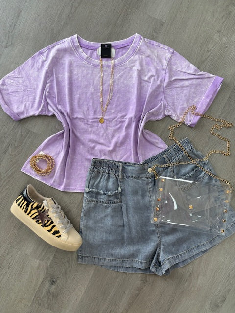 Acid Wash Roll-cuff Short Sleeve Crop Top