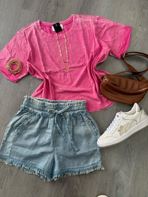 Acid Wash Roll-cuff Short Sleeve Crop Top