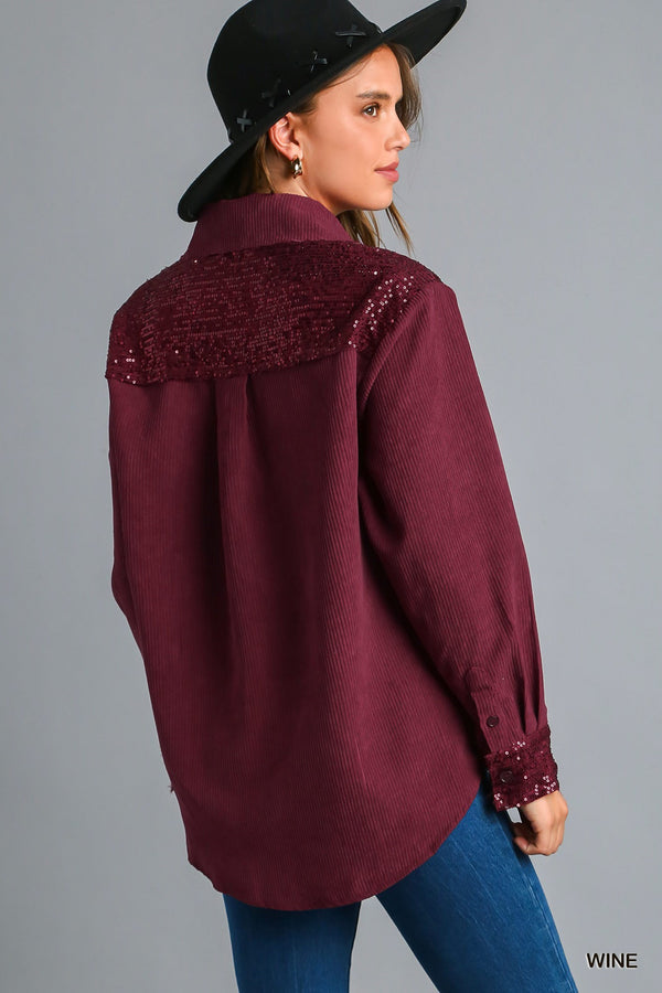 Wine Sequin Collared Button Down Shacket