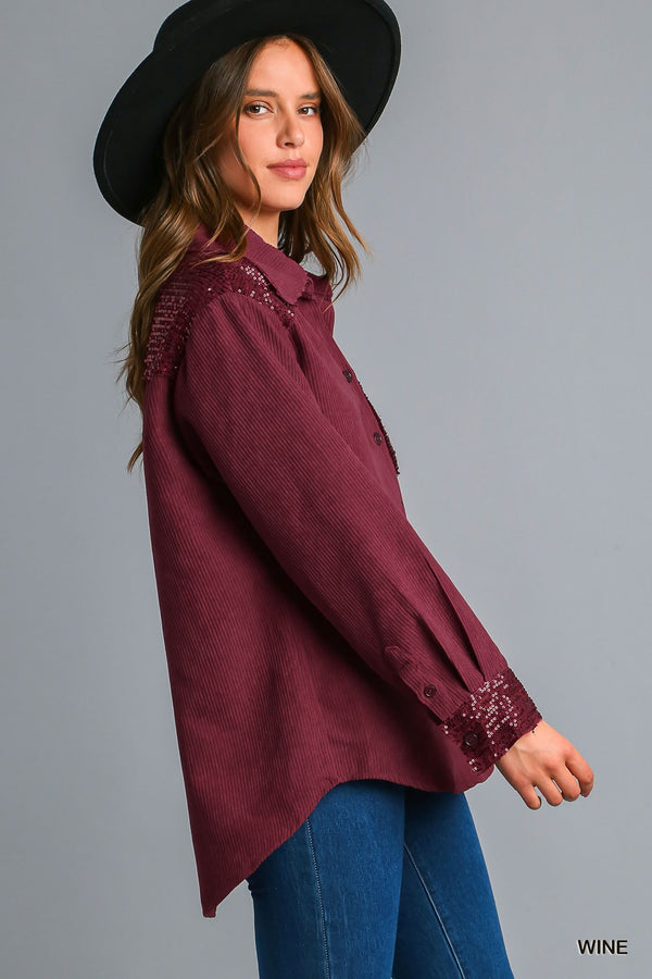Wine Sequin Collared Button Down Shacket