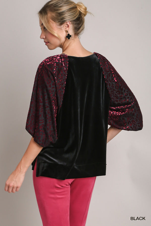 Animal Print Sleeve Velvet Top