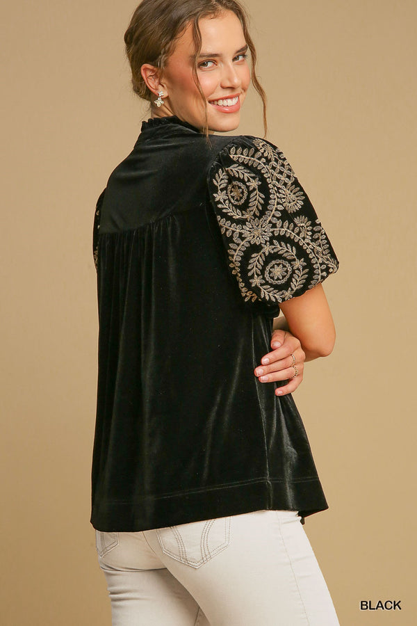 Black Velvet Top with Embroidered Sleeve
