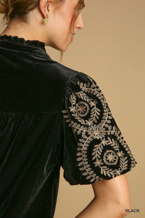 Black Velvet Top with Embroidered Sleeve