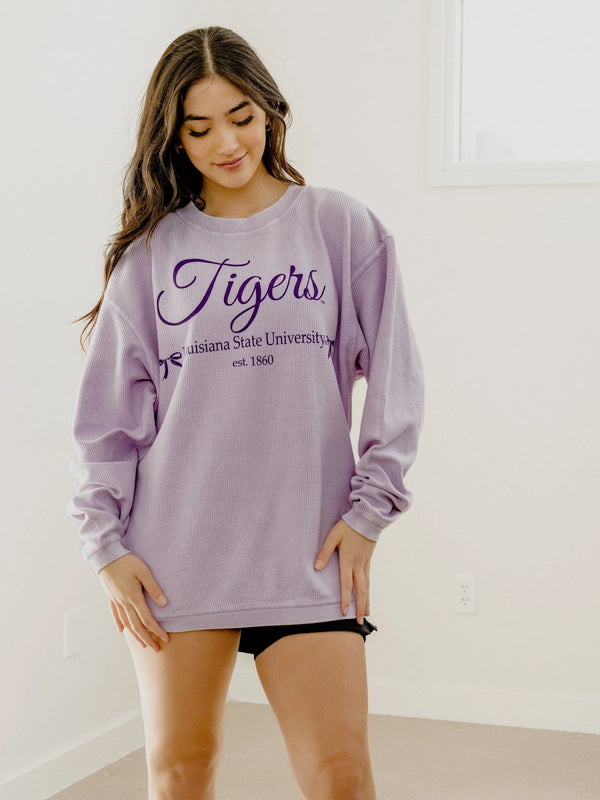 Lilac Corded Tigers Bow Corded Crew Sweatshirt