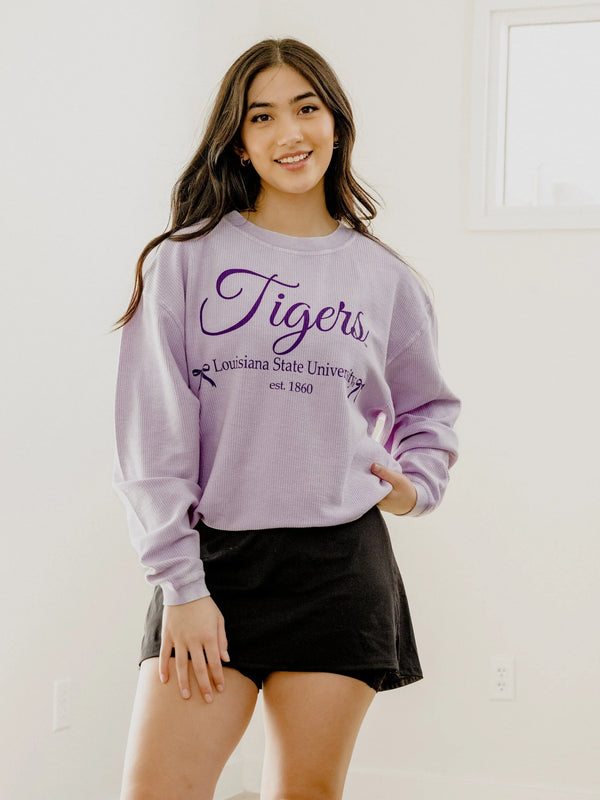 Lilac Corded Tigers Bow Corded Crew Sweatshirt