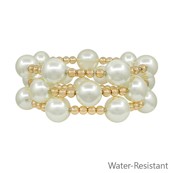 Set of 3 Pearl 14MM Ball and 5MM Beaded Stretch Bracelets