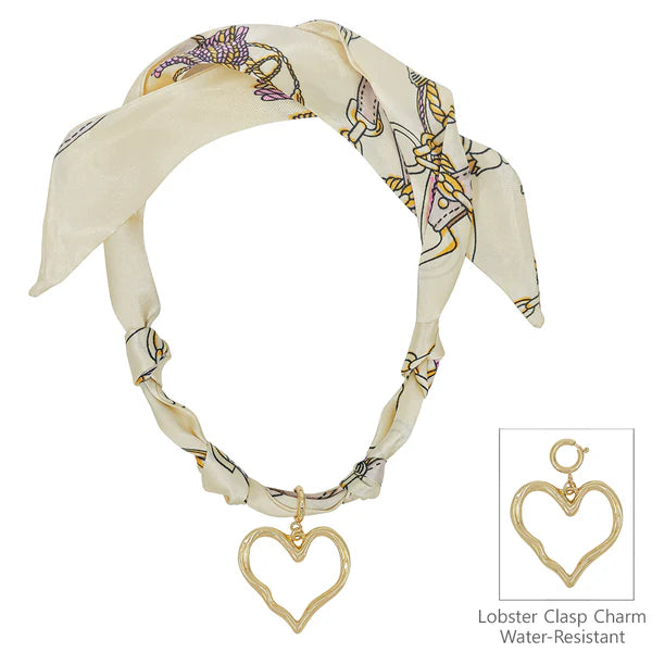 Cream/Neutral Knotted Scarf Necklace with Hammered 1.5" Open Heart Charm