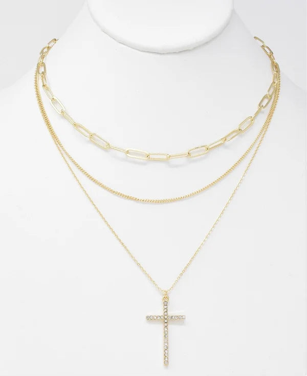 Gold Triple Layer with Rhinestone Cross Necklace