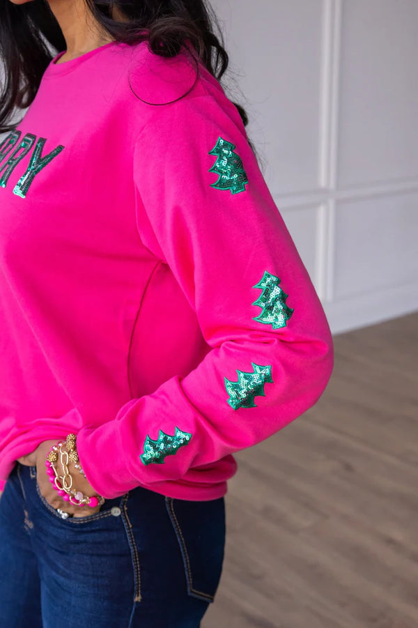 Pink Merry Sequin Christmas Tree Pullover