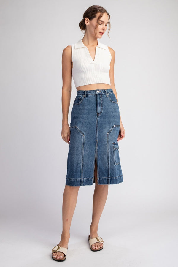 Denim Split Midi Skirt