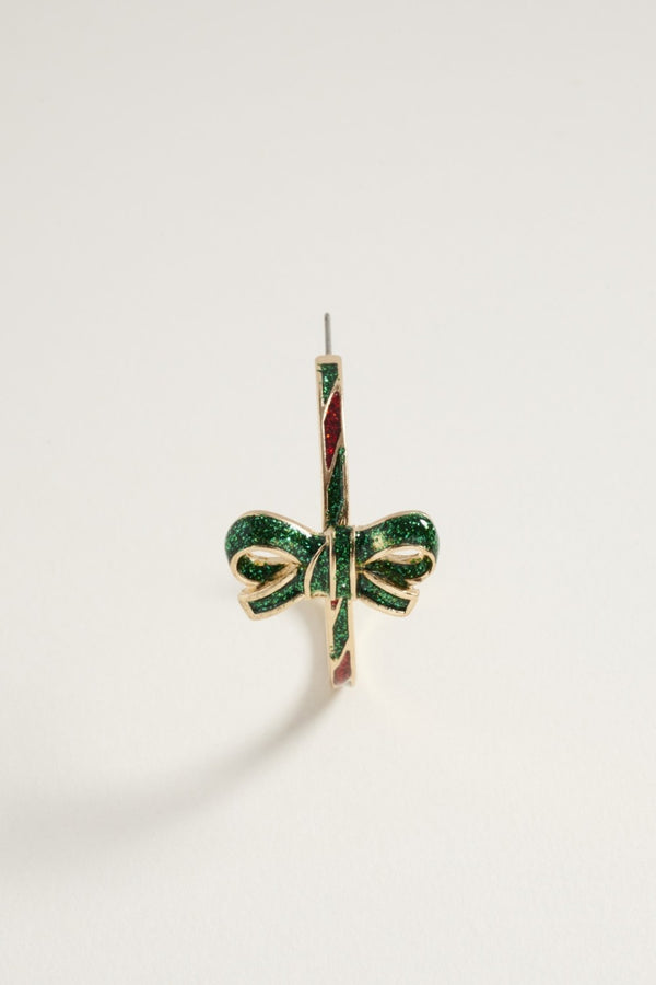 Green Glitter Candy Cane Pattern Ribbon Bow Hoop Earring
