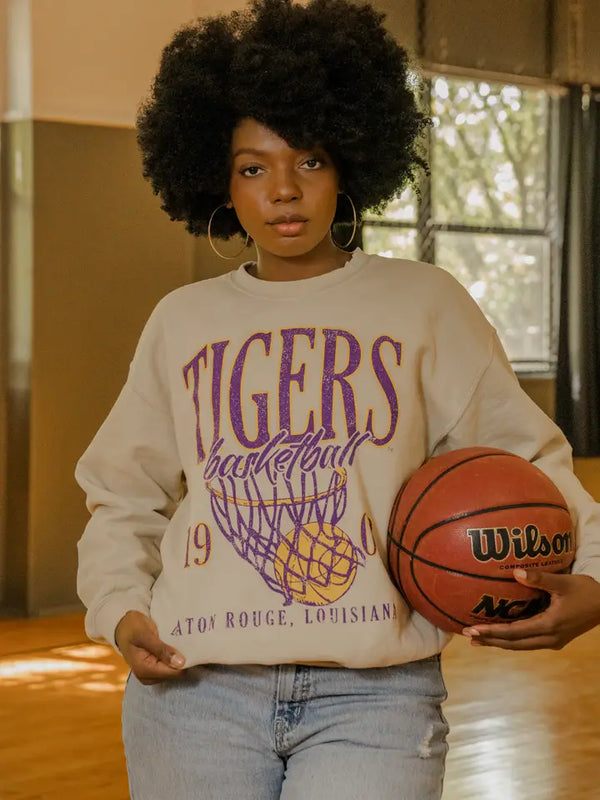 Geaux Lsu Tigers Big Basketball Sand Thrifted Sweatshirt