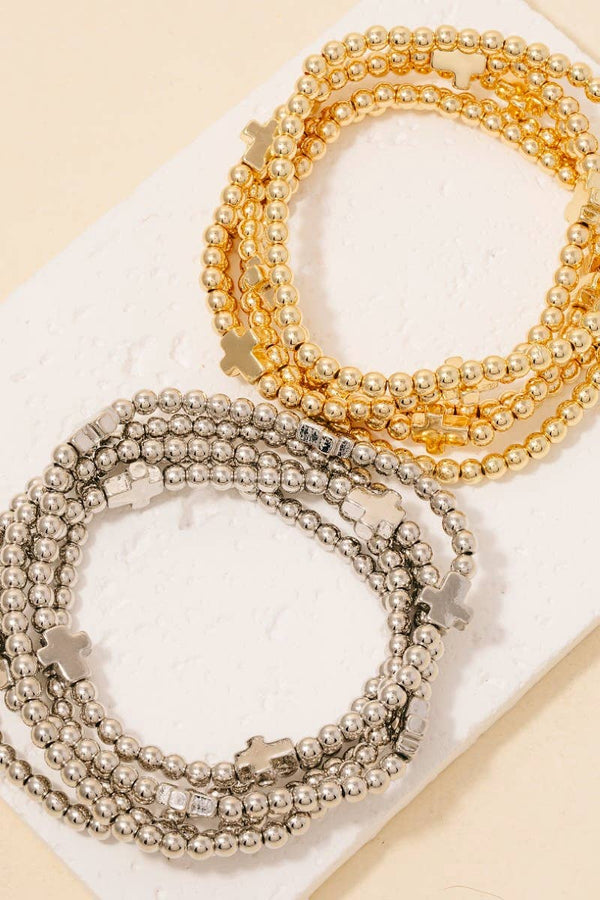 Metallic Cross Charms Beaded Bracelet Set