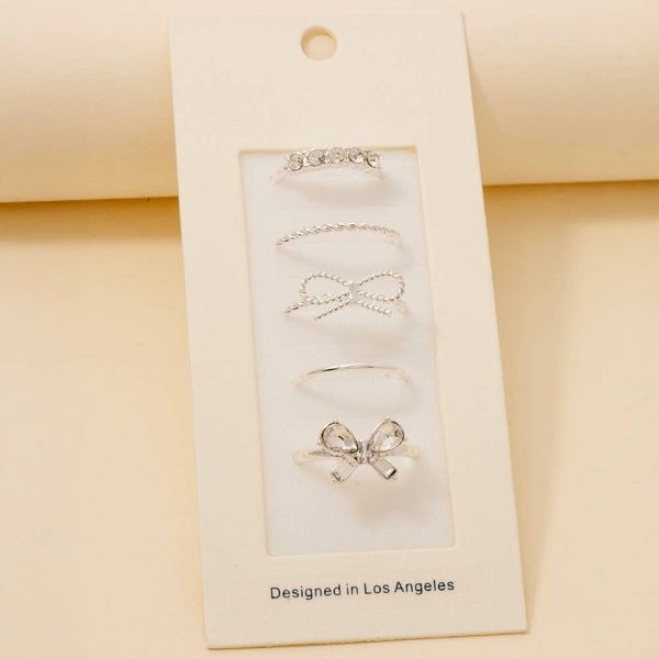 5Pc Dainty Rhinestone Bow Band Rings Set