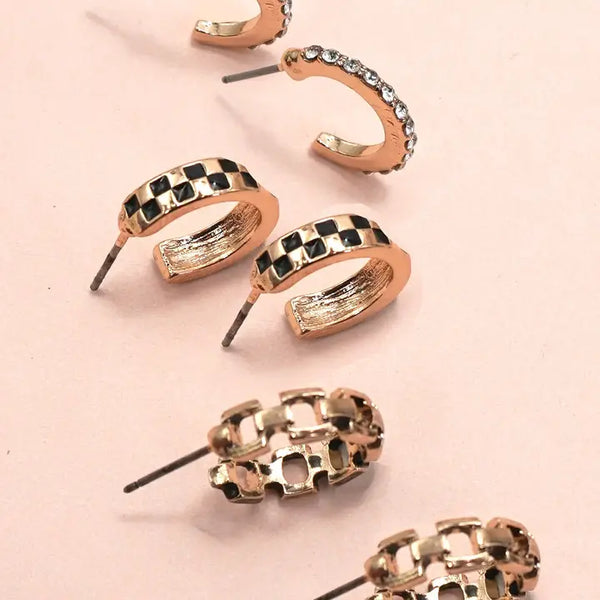 Baguette Stone Double Hoop Huggie Trio Earrings