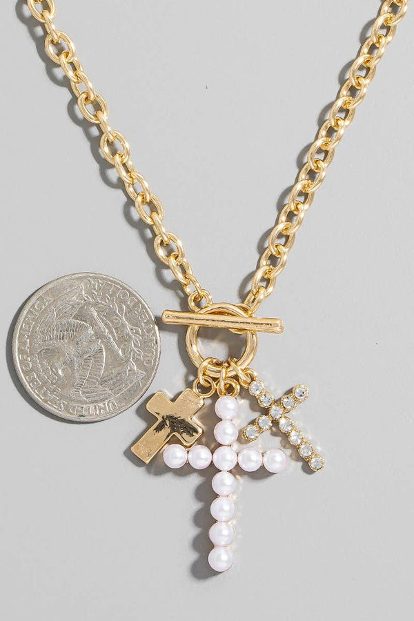 Pearl And Glass Pave Cross Charms Toggle Chain Necklace