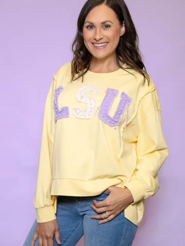 LSU (Licensed) | Women's Distressed Embroidery Pullover