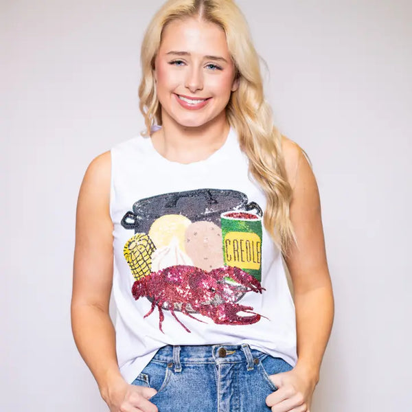 Crawfish Season | Women's Sequin Design Tank -White or Black