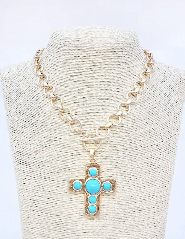 Gold Circle Chain with 1.75" Cross with Turqouise Accents 18" Necklace