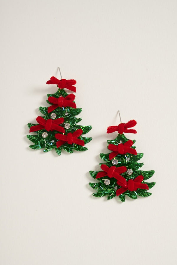 Christmas Tree W Bows And Rhinestone Post Earrings