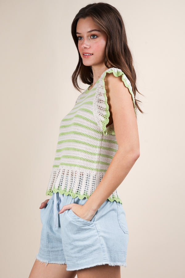 Lime Ruffle Detail Striped Knit Sweater Top