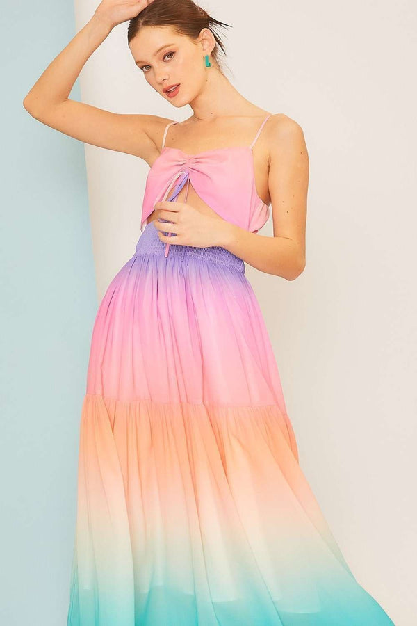 Rainbow Ombre Tie Smocked Maxi Dress