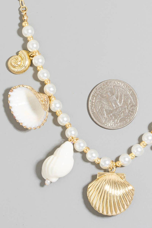 Pearl Beads And Sea Shell Charms Chain Necklace