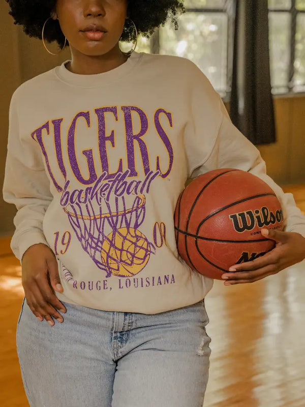Geaux Lsu Tigers Big Basketball Sand Thrifted Sweatshirt